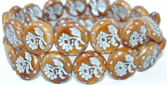 Round Flat With Flower Marguerite Pressed Glass Beads, (17113 54201), Glass, Czech Republic