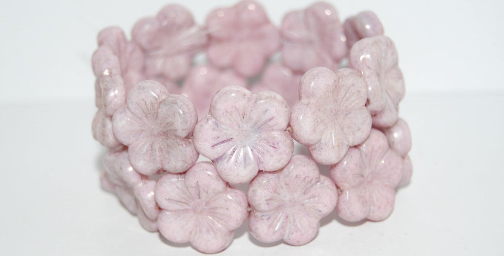 Round Flower Hibiskus Pressed Glass Beads, Luster Red Full Coated (14495), Glass, Czech Republic