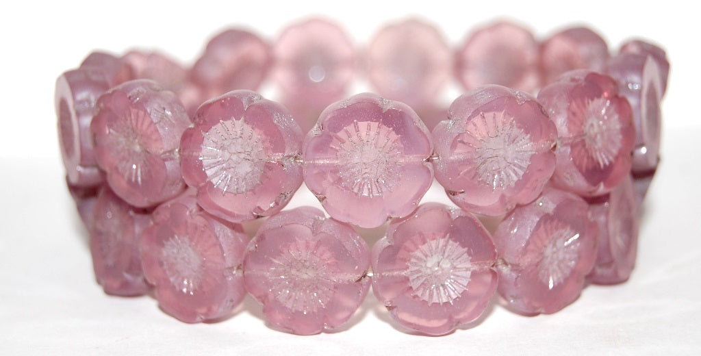 Table Cut Round Beads Hawaii Flowers, Opal Pink Luster Cream (71010 14401), Glass, Czech Republic