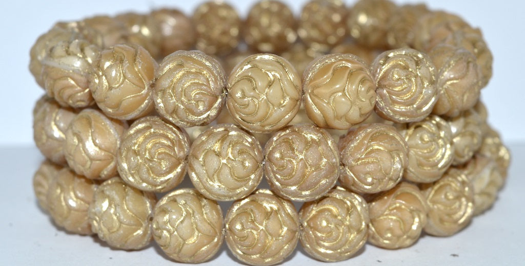 Round Rose Pressed Glass Beads, Dark Beige 54202 (7193 54202), Glass, Czech Republic