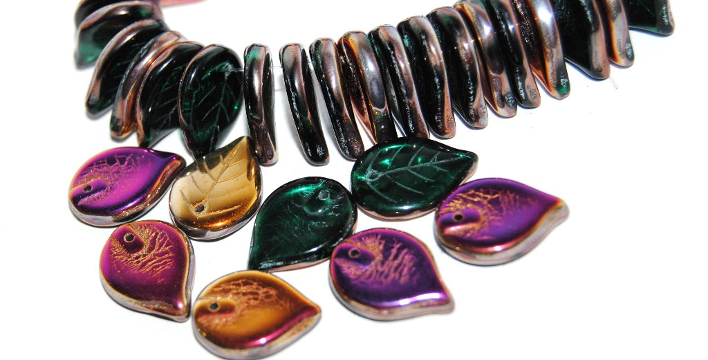 Leaf Pressed Glass Beads, Transparent Green Emerald 29500 (50710 29500), Glass, Czech Republic