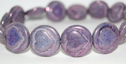 Round Flat Wit Convex Heart Pressed Glass Beads, White Purple (2010 15726), Glass, Czech Republic