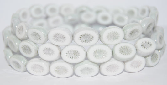 Table Cut Oval Beads Kiwi, White Luster Green Full Coated (2010 14457), Glass, Czech Republic