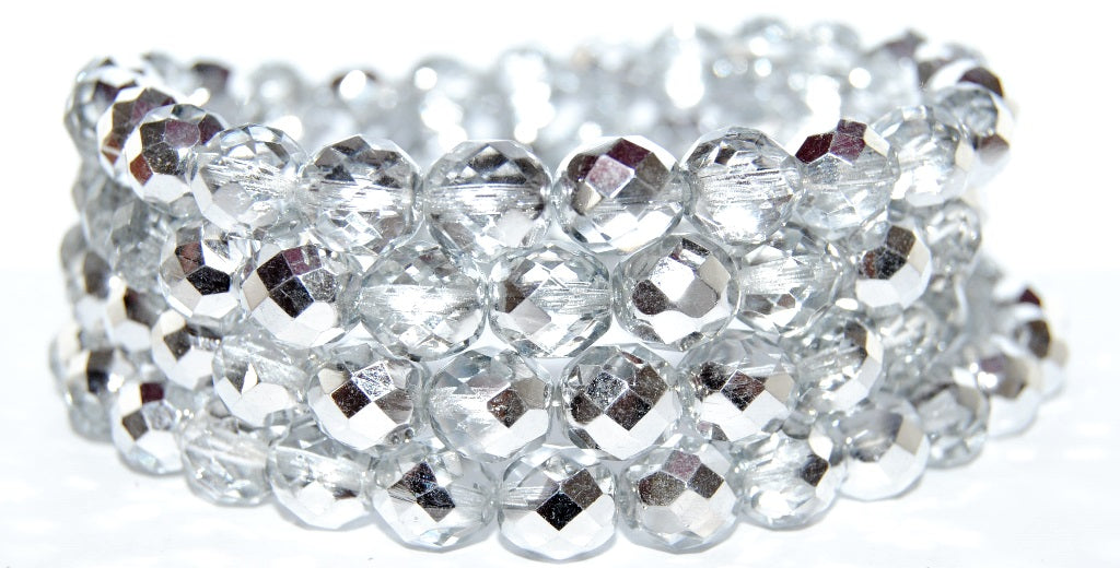 Fire Polished Round Faceted Beads, Crystal Crystal Silver Half Coating (30 27001), Glass, Czech Republic