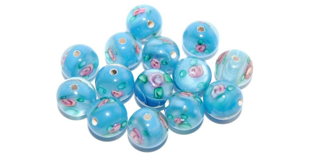 Czech Glass Hand Made Round Lampwork Beads With Flower, (10 M), Glass, Czech Republic