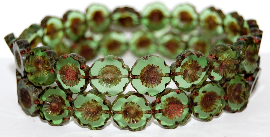 Table Cut Round Beads Hawaii Flowers, Transparent Green Travertin (50410 86800), Glass, Czech Republic