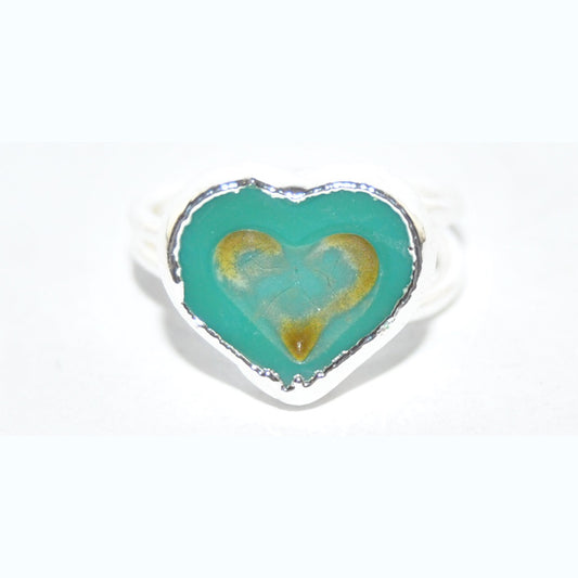 Adjustable Ring with Polished Czech Glass Bead, Heart 14 x 12 mm (G-21-H)