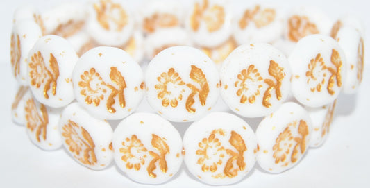 Round Flat With Flower Marguerite Pressed Glass Beads, White 43804 Metalic (2010 43804 Metalic), Glass, Czech Republic