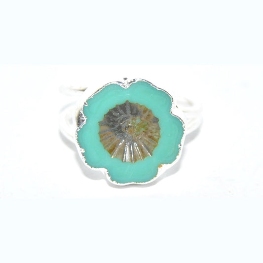 Adjustable Ring with Polished Czech Glass Bead, Hawaiian Flower 14 mm (G-19-D)