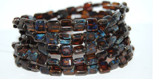 Flat Square Pressed Glass Beads, Transparent Orange Travertin (10060 86800), Glass, Czech Republic