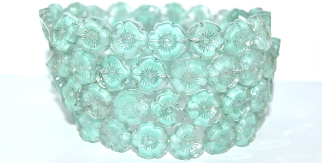 Table Cut Round Beads Hawaii Flowers, Teal Hematite (56218 14400), Glass, Czech Republic