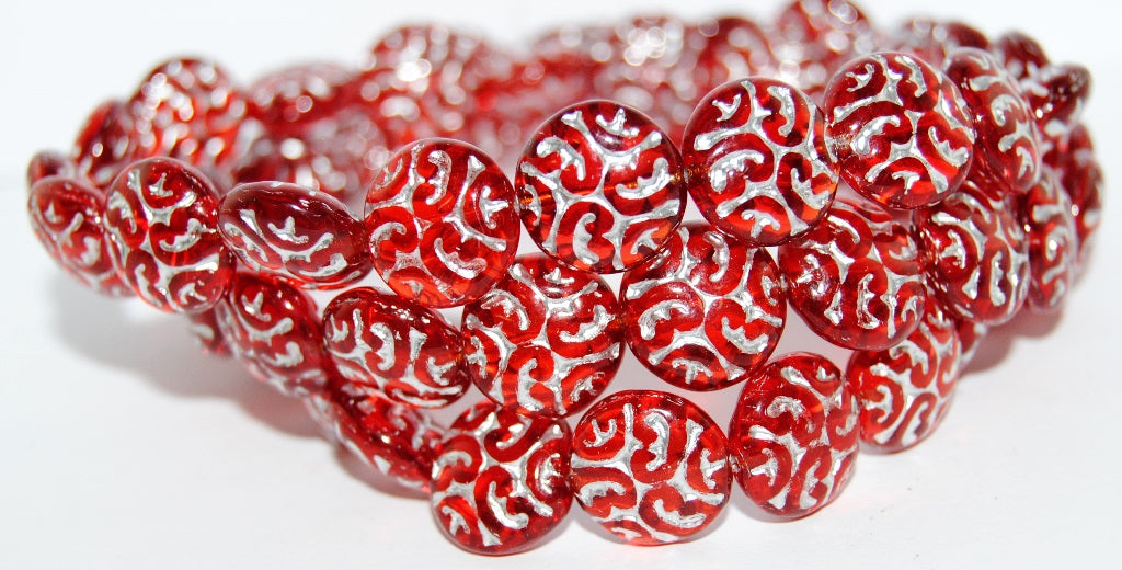 Lentil Round With Ornament Brain Pressed Glass Beads, Transparent Red 54201 (90060 54201), Glass, Czech Republic