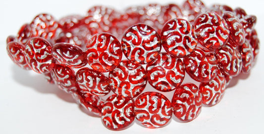 Lentil Round With Ornament Brain Pressed Glass Beads, Transparent Red 54201 (90060 54201), Glass, Czech Republic