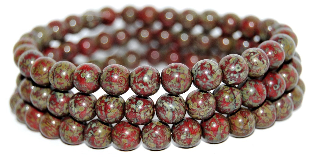 Round Pressed Glass Beads Druck, Red Travertin (93190 86800), Glass, Czech Republic