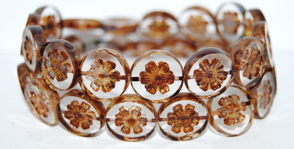 Table Cut Round Beads With Flower, Crystal Travertin (30 86800), Glass, Czech Republic