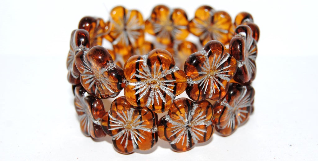 Round Flower Hibiskus Pressed Glass Beads, (18016 54201), Glass, Czech Republic