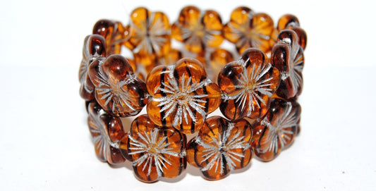 Round Flower Hibiskus Pressed Glass Beads, (18016 54201), Glass, Czech Republic