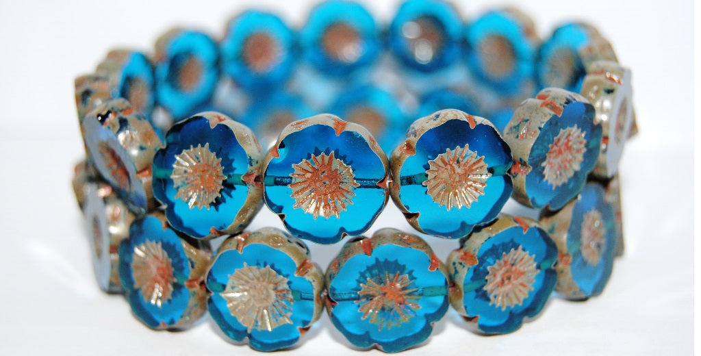 Table Cut Round Beads Hawaii Flowers, Transparent Aqua 43400 (60050 43400), Glass, Czech Republic