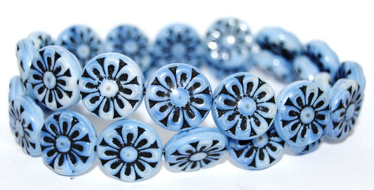 Flat Round With Flower Pressed Glass Beads, (7624 23202), Glass, Czech Republic
