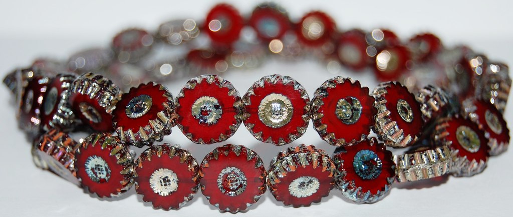 Table Cut Round Flower Beads Daisy, Opal Red 43400 (91250 43400), Glass, Czech Republic