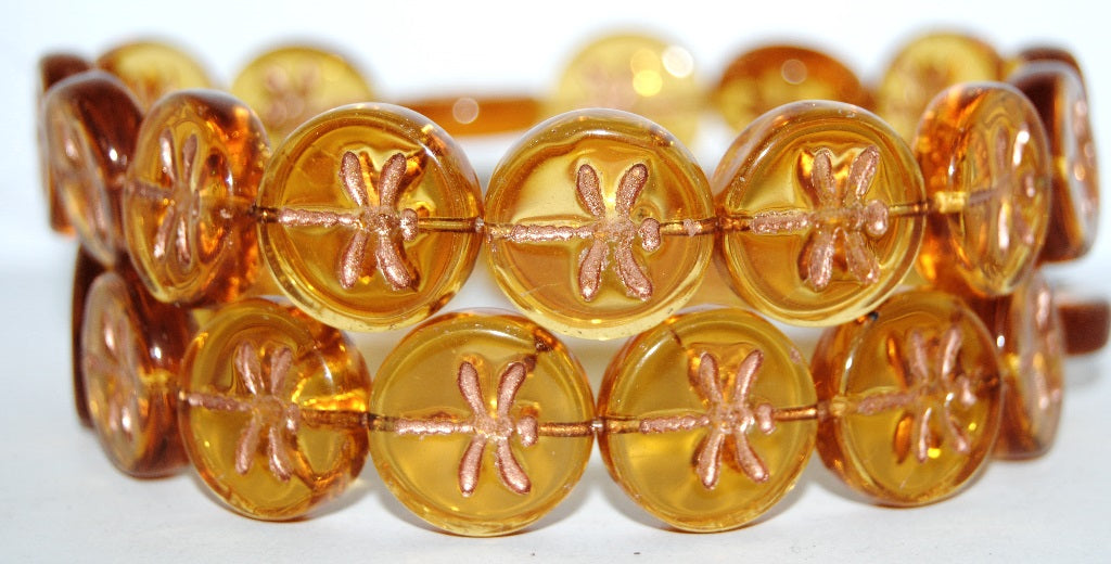 Round Flat Wit Dragonfly Pressed Glass Beads, (10020 54200), Glass, Czech Republic