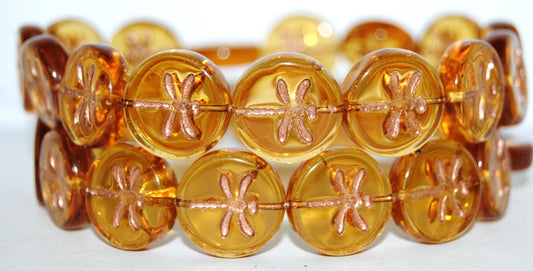 Round Flat Wit Dragonfly Pressed Glass Beads, (10020 54200), Glass, Czech Republic