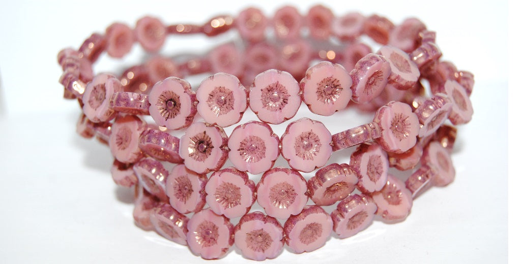 Table Cut Round Beads Hawaii Flowers, Opal Pink Bronze (71010 14415), Glass, Czech Republic