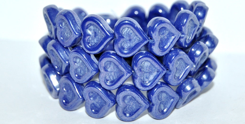 Heart With Heart Pressed Glass Beads, Opaque Blue Hematite (33050 14400), Glass, Czech Republic