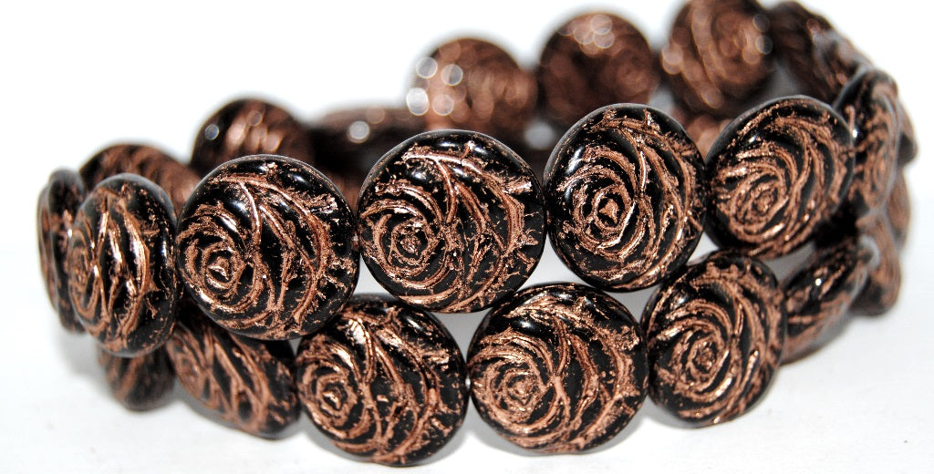 Round Flat Rose Flower Pressed Glass Beads, Black 54200 (23980 54200), Glass, Czech Republic