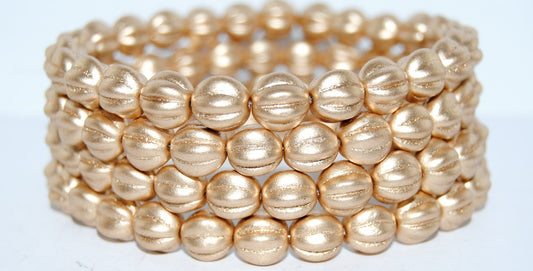 Melon Round Pressed Glass Beads With Stripes, Gold Colored (1710), Glass, Czech Republic