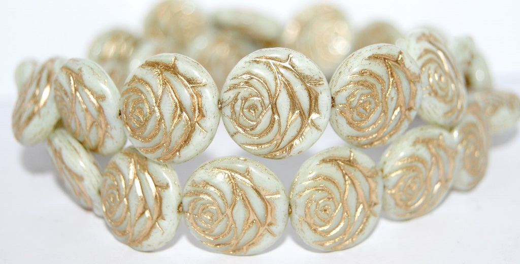 Round Flat Rose Flower Pressed Glass Beads, Beige 54202 (84000 54202), Glass, Czech Republic