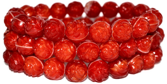 Round Rose Pressed Glass Beads, Coral (7913), Glass, Czech Republic