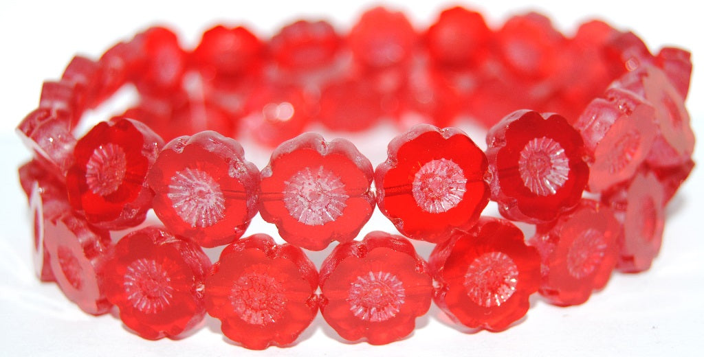 Table Cut Round Beads Hawaii Flowers, Ruby Red Luster Cream (90080 14401), Glass, Czech Republic