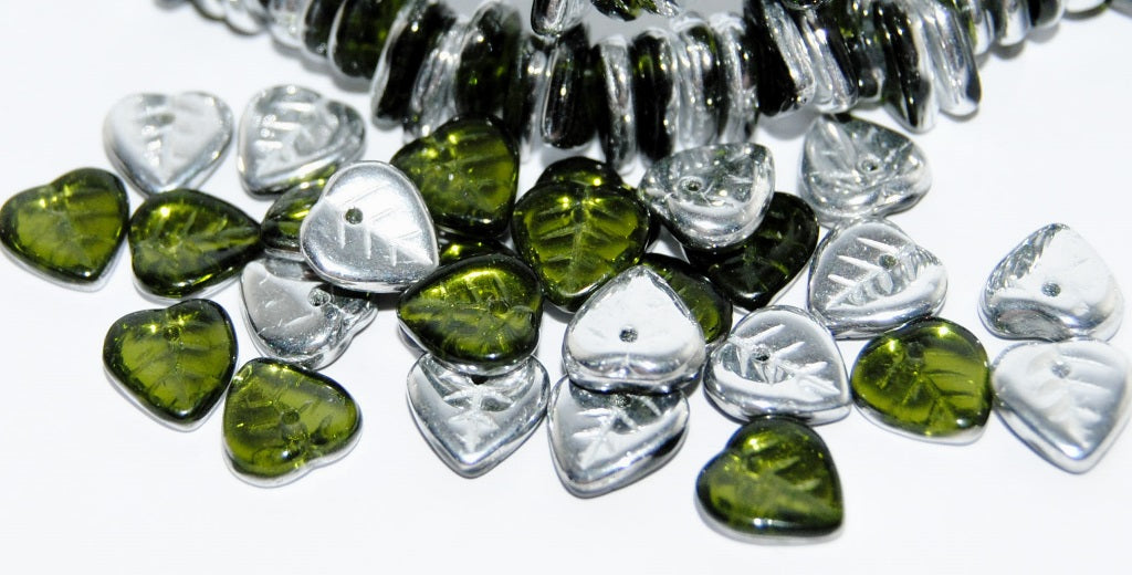 Lilac Leaf Pressed Glass Beads, Transparent Green Crystal Silver Half Coating (50230 27001), Glass, Czech Republic