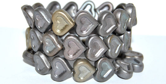 Heart With Heart Pressed Glass Beads, Mix Of Matt Metallic Colors (1670), Glass, Czech Republic
