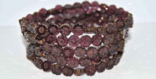 Table Cut Round Beads Hawaii Flowers, Transparent Amethyst Bronze (20080 14415), Glass, Czech Republic