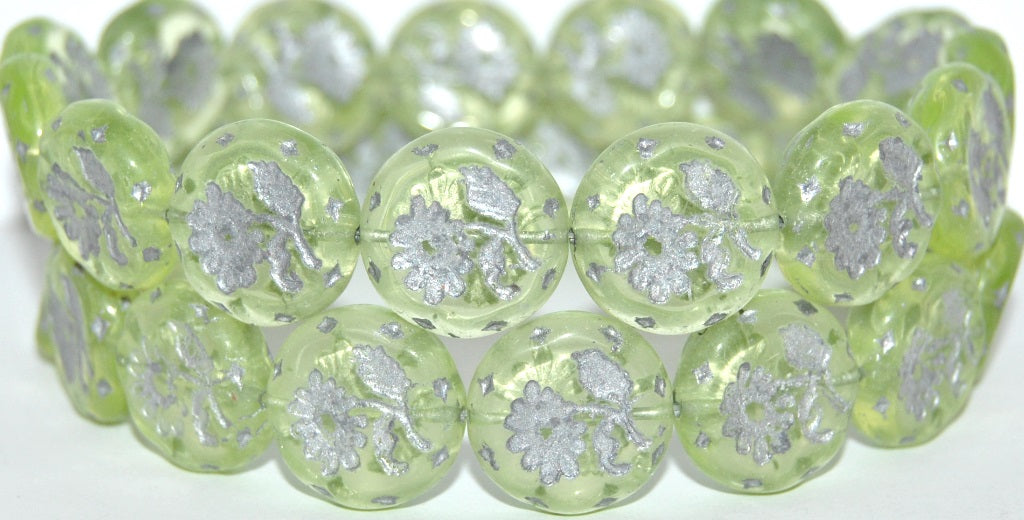 Round Flat With Flower Marguerite Pressed Glass Beads, Transparent Yellow 54201 Uranium (80130 54201 Uranium), Glass, Czech Republic