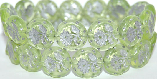 Round Flat With Flower Marguerite Pressed Glass Beads, Transparent Yellow 54201 Uranium (80130 54201 Uranium), Glass, Czech Republic