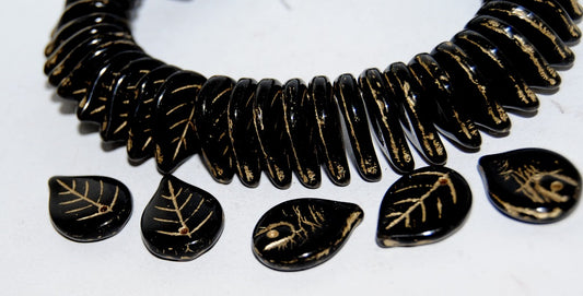 Leaf Pressed Glass Beads, Black 54202 (23980 54202), Glass, Czech Republic