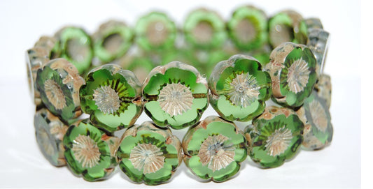 Table Cut Round Beads Hawaii Flowers, Transparent Green 43400 (50130 43400), Glass, Czech Republic