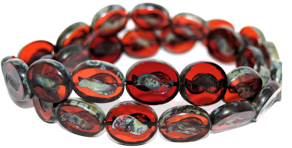 Table Cut Oval Beads With Tilda, Red Mixed Colors Travertin (Red Mix 86800), Glass, Czech Republic