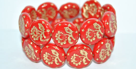 Round Flat With Flower Marguerite Pressed Glass Beads, (93200B 54202), Glass, Czech Republic