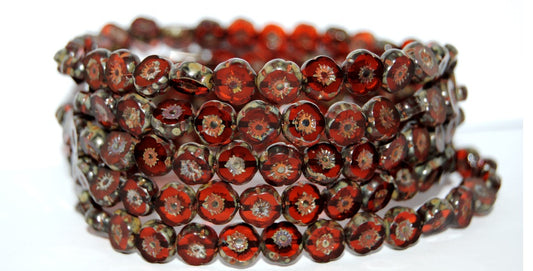 Table Cut Round Beads Hawaii Flowers, Transparent Orange 43400 (90030 43400), Glass, Czech Republic