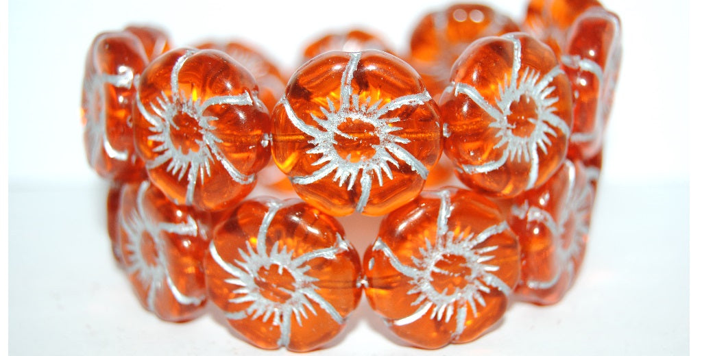 6-Petal Flower Pressed Glass Beads, Transparent Orange 54201 (90020 54201), Glass, Czech Republic