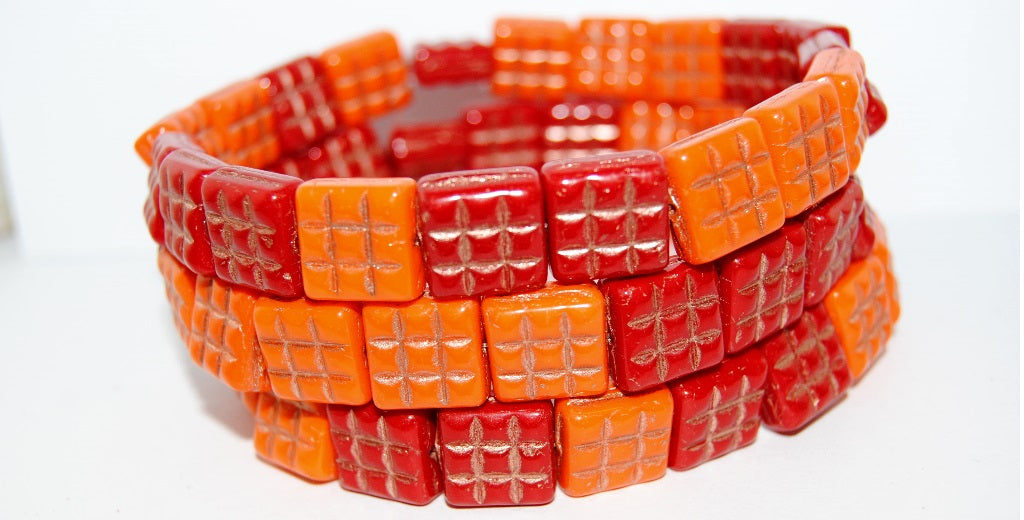 Square With 9 Squares Pressed Glass Beads, Mixed Colors Red 54200 (Mix Red 54200), Glass, Czech Republic