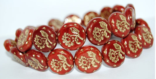 Round Flat With Flower Marguerite Pressed Glass Beads, (93500 54202), Glass, Czech Republic