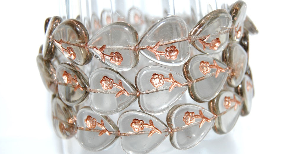 Heart Pressed Glass Beads With Flower, Gray 54200 (40010 54200), Glass, Czech Republic