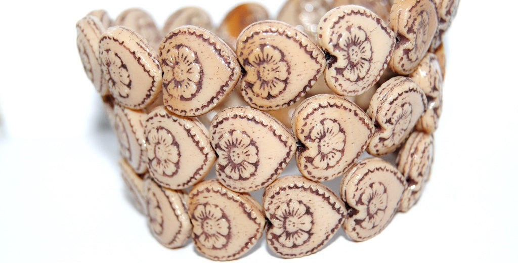 Heart With Flower Pressed Glass Beads, Beige 46410 (13020 46410), Glass, Czech Republic