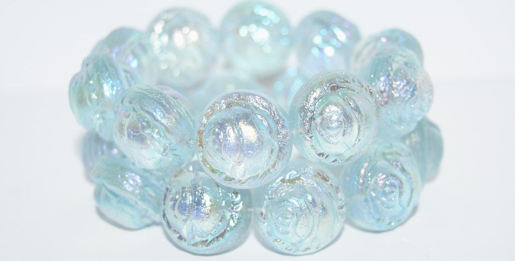 Round With Rose Flower Pressed Glass Beads, Transparent Blue Ab 2X (30010 Ab 2X), Glass, Czech Republic