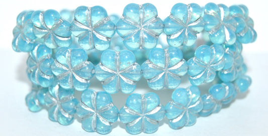 6-Petal Flower Pressed Glass Beads, Opal Aqua 54201 (61010 54201), Glass, Czech Republic